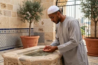 Jeune homme effectuant ses ablutions dans la cour d'une mosquée à Marseille avant la prière