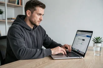 Homme naviguant sur un site de téléchargement depuis son ordinateur portable dans un bureau à domicile moderne