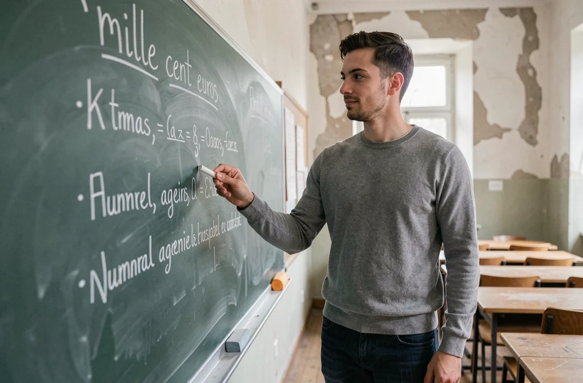 Enseignant expliquant l'accord du nombre cent dans l'expression mille cent euros devant un tableau noir en classe
