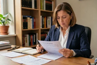 Femme étudiant les règles d'accord du mot cent en français avec des notes de grammaire sur un bureau en bois
