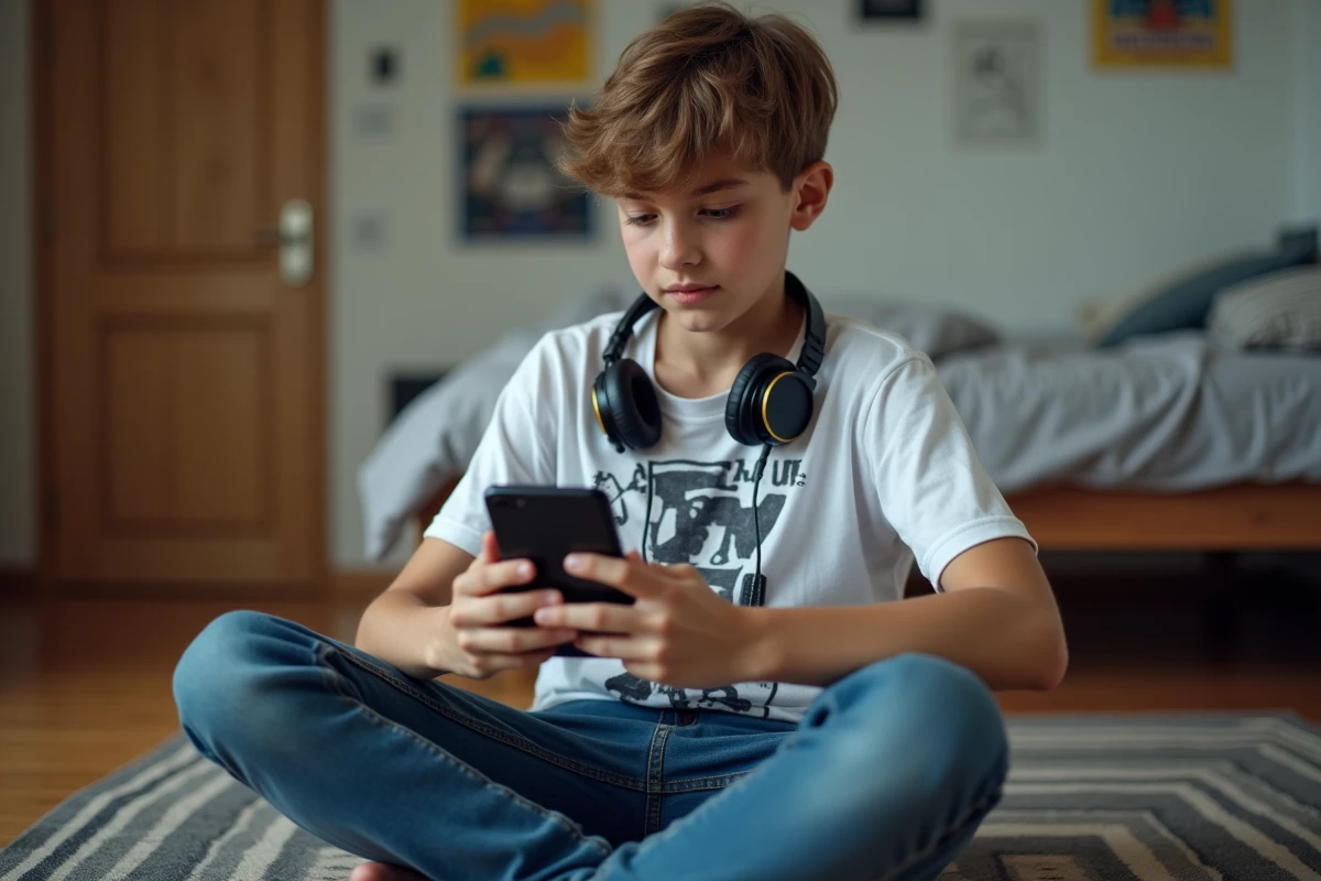 Adolescent assis sur le sol de sa chambre examinant les paramètres de volume sur son smartphone avec un casque autour du cou, illustrant la sensibilisation des jeunes à la protection de la santé auditive