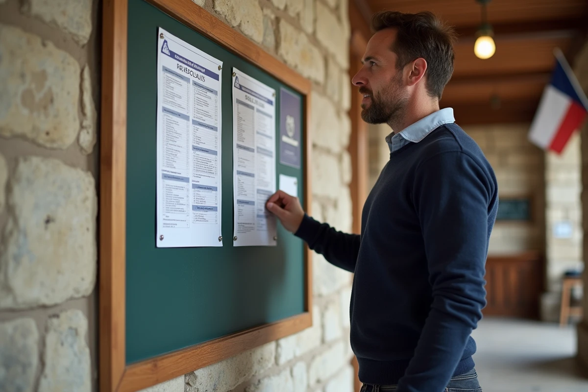 Homme affichant le calendrier officiel des jours fériés 2026 sur un panneau d'affichage municipal en Moselle