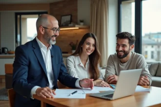 Agent immobilier en costume discutant avec un couple dans un salon lumineux