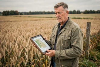Agriculteur tenant une tablette affichant une carte de parcelle en hectares et mètres carrés au bord d'un champ de blé en automne
