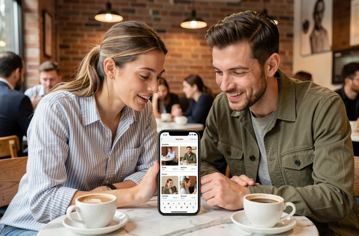 Deux amis dans un café cherchant ensemble la solution d'un mot de 7 lettres au jeu 4 images 1 mot