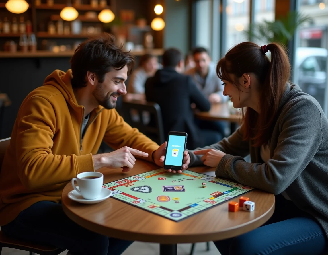 Deux amis consultant un code récompense Club des magnats Monopoly GO ensemble dans un café