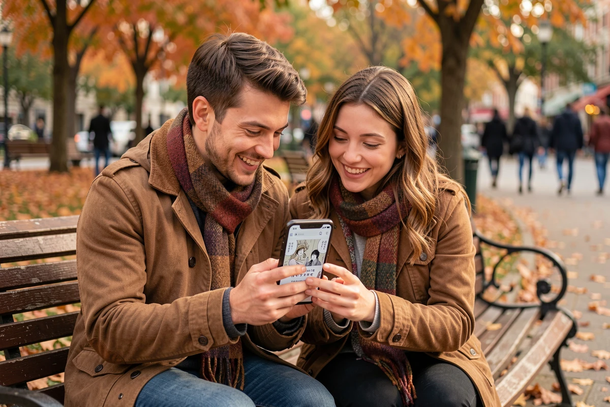 Deux amis adultes consultant un site de lecture de mangas sur smartphone dans un parc urbain en automne
