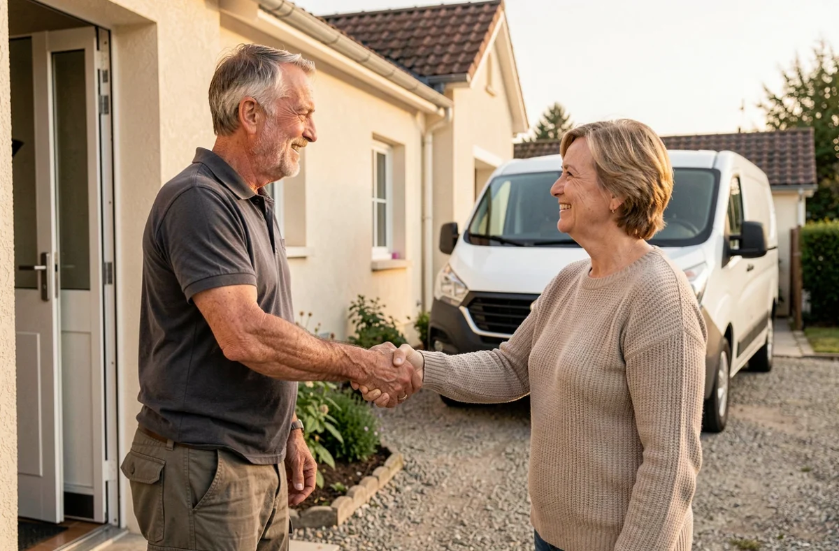 Amouret Christophe déménageur indépendant serrant la main d'une cliente satisfaite devant une maison avec son camion