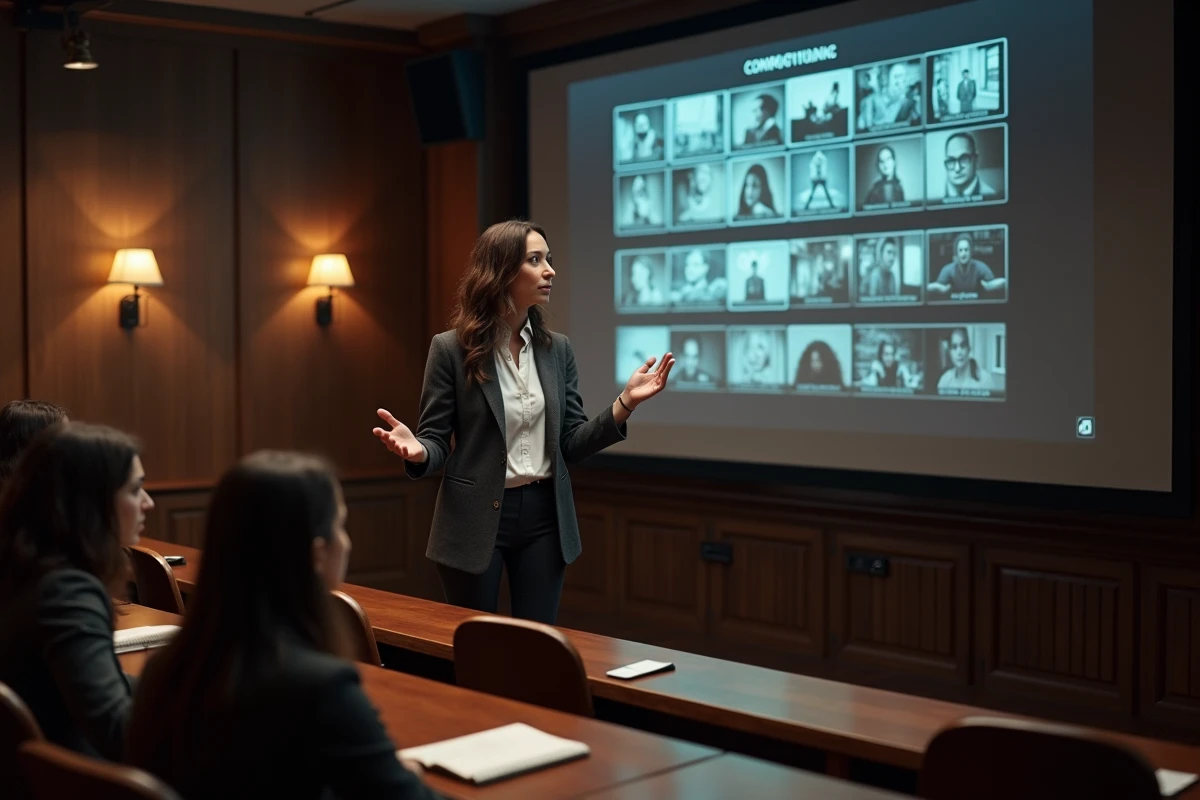 Professeure de cinéma analysant la cohérence visuelle et la cinématographie des films Marvel dans un amphithéâtre universitaire