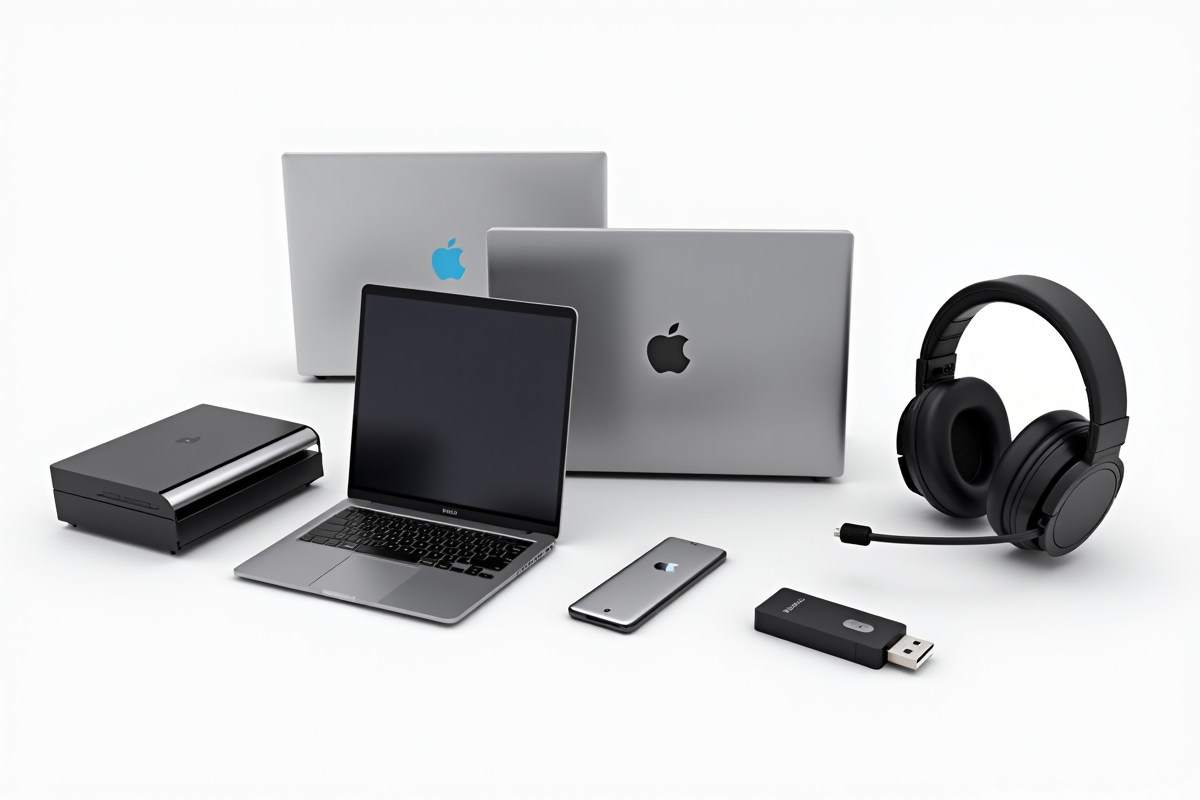 Quatre appareils informatiques sur fond blanc
