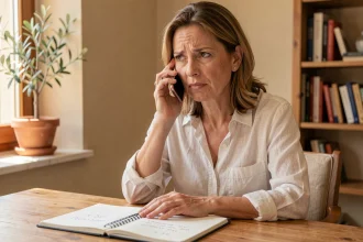 Femme composant un numéro de téléphone grec avec l'indicatif +30 depuis un bureau à domicile