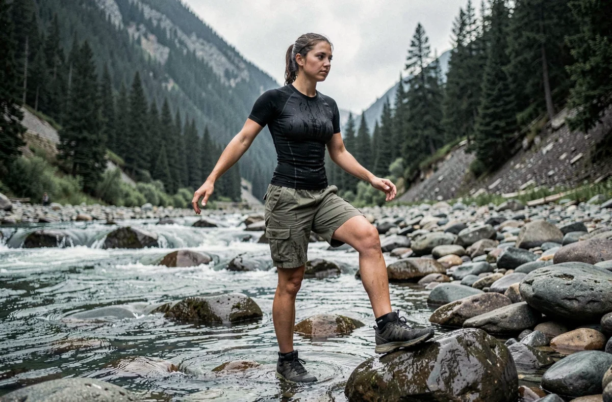 Jeune femme franchissant un gué rocheux lors d'une épreuve physique de la saison 2026 des Apprentis aventuriers