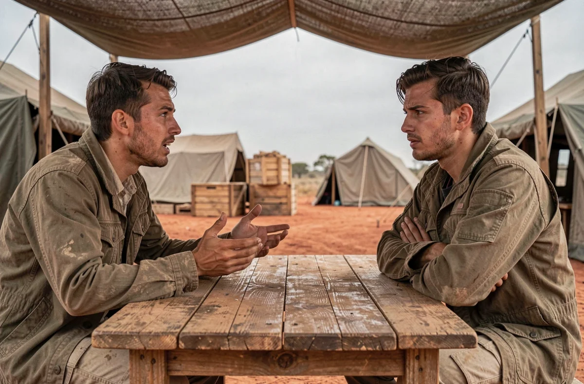Deux candidats en pleine discussion stratégique au campement de base lors de la saison 2026 des Apprentis aventuriers