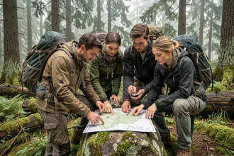 Groupe de jeunes aventuriers étudiant une carte topographique en forêt lors d'une épreuve de la saison 2026 des Apprentis aventuriers