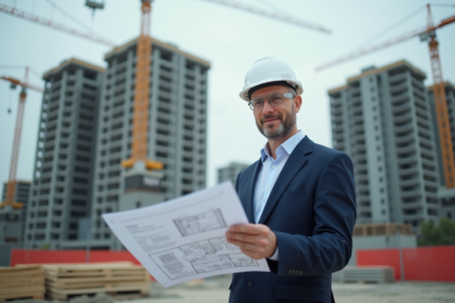 Architecte homme en costume bleu examine des plans de construction