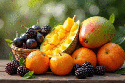 Assortiment de fruits frais commençant par M sur une table en bois