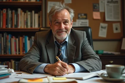 Auteur d'humour noir adulte assis à son bureau encombré, sourire malicieux et carnet de notes à la main