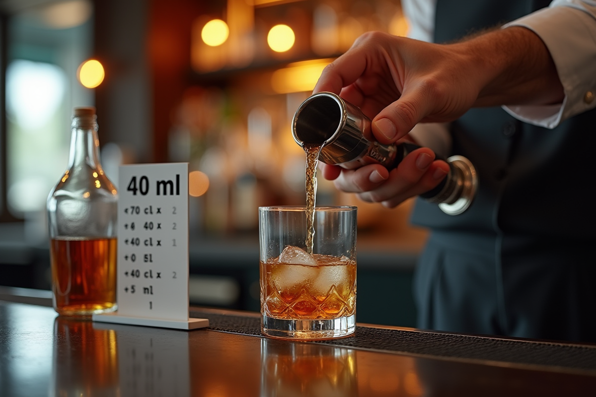 Barman versant 40 ml dans un verre avec tableau de conversion