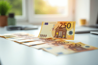 Billets euros 2500 euros sur bureau lumineux