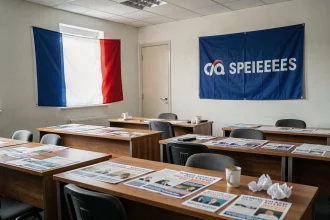 Bureau de campagne politique abandonné avec drapeaux français et tracts éparpillés, atmosphère de tension post-polémique