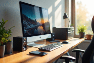 Bureau moderne avec ordinateur et imprimante lumineux