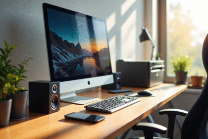 Bureau moderne avec ordinateur et imprimante lumineux