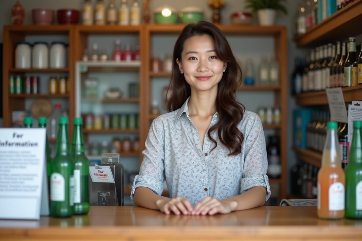 Jeune femme vendeuse dans une épicerie accueillante