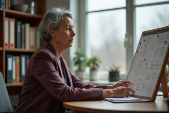 Femme consultant un calendrier mural des jours fériés 2026 dans un bureau à domicile en Moselle