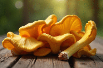 Champignons chanterelles dorés sur une table en bois