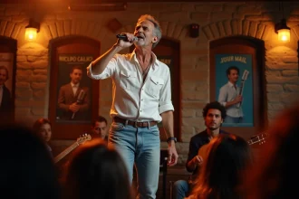Chanteur français des années 80 en concert dans une salle intimiste parisienne, ambiance vintage et nostalgique