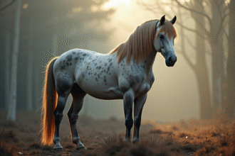 Cheval tacheté majestueux dans une forêt brumeuse