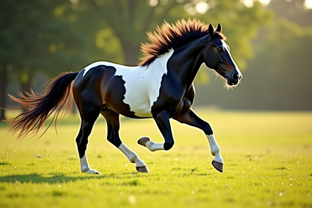 Cheval pinto noir et blanc courant dans un pré ensoleille