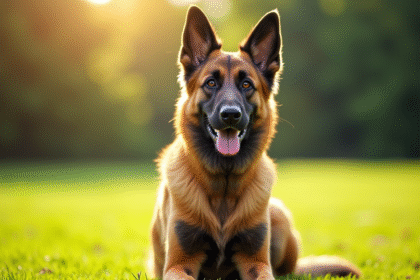 Chien Laekenois belge assis en plein soleil sur l'herbe verte