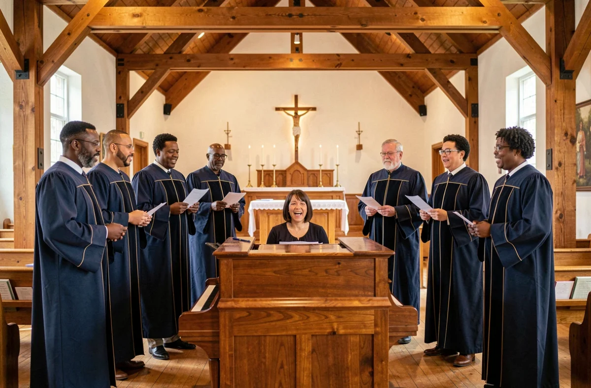 Chœur gospel accompagné au piano dans une église communautaire lors d'un office émouvant