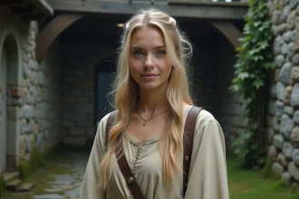 Jeune femme blonde aux yeux bleus en tenue médiévale dans une cour en pierre, incarnant la dualité entre douceur et détermination, illustrant le thème de la double identité de Christa et Historia dans Attack on Titan
