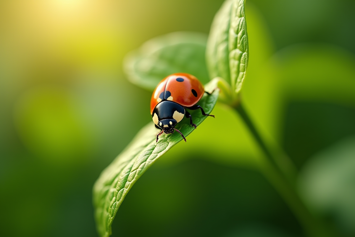 Coccinelle sur une feuille verte en gros plan