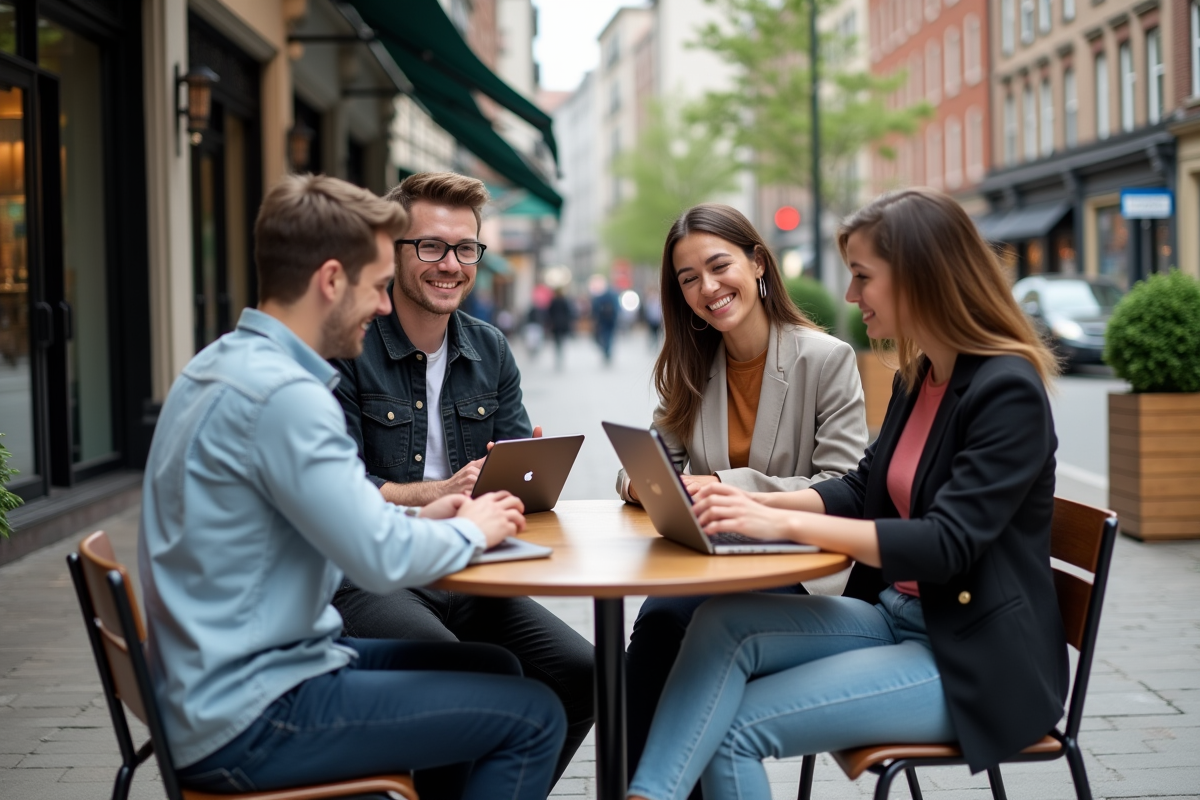 Jeunes professionnels discutant autour d un café en ville