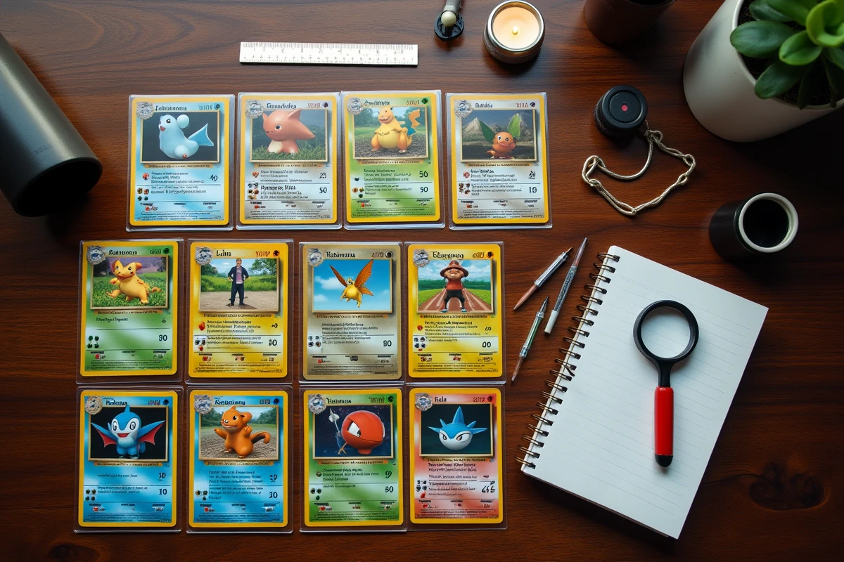 Vue à plat d'une collection de cartes Pokémon rares avec loupe et notes de prix pour estimation de valeur