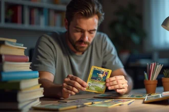 Collectionneur adulte examinant une carte Pokémon holographique rare pour en estimer la valeur
