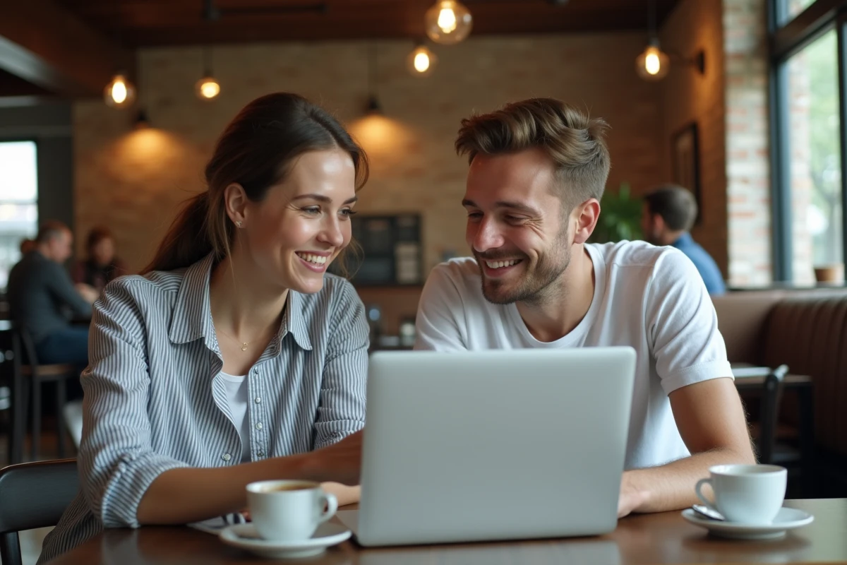 Deux collègues discutant de stratégies pour trouver le mot du jour plus rapidement autour d'un ordinateur portable dans un café