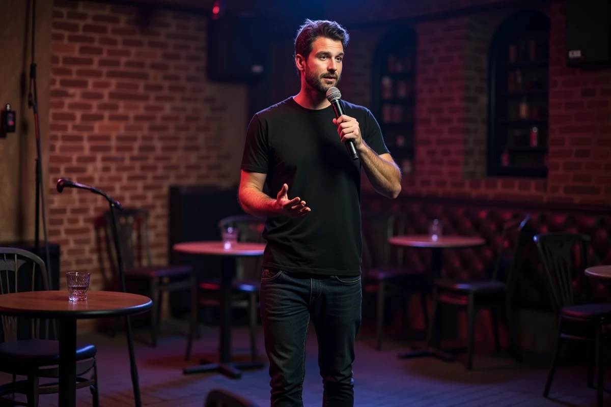 Comédien de stand-up en train de performer dans un club de comédie underground avec des murs en briques apparentes