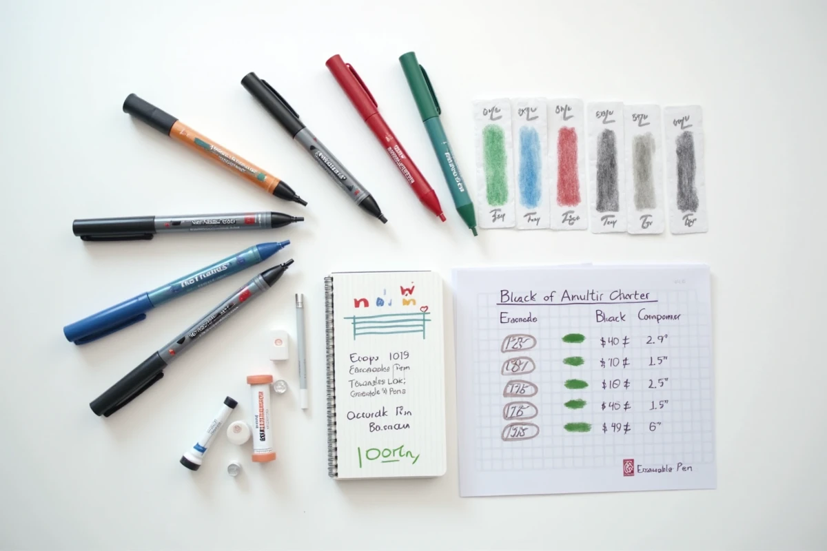 Comparatif de plusieurs stylos 4 couleurs effaçables de différentes marques et prix sur fond blanc