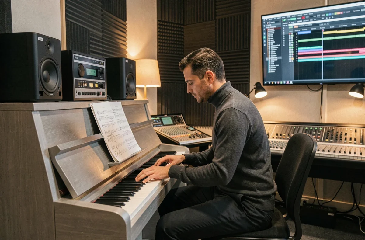 Compositeur pianiste français dans un studio d'enregistrement professionnel travaillant sur une partition de musique de film
