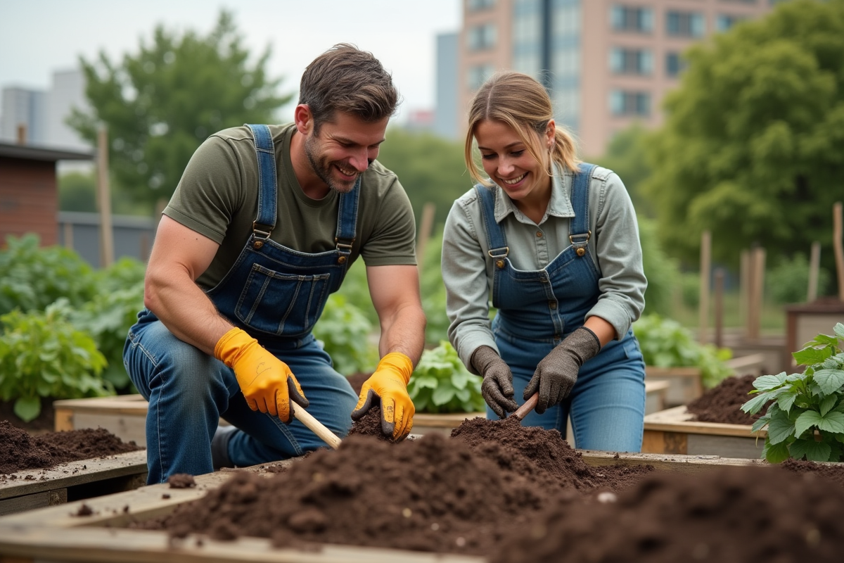 Homme et femme compostant dans une ferme urbaine en extérieur
