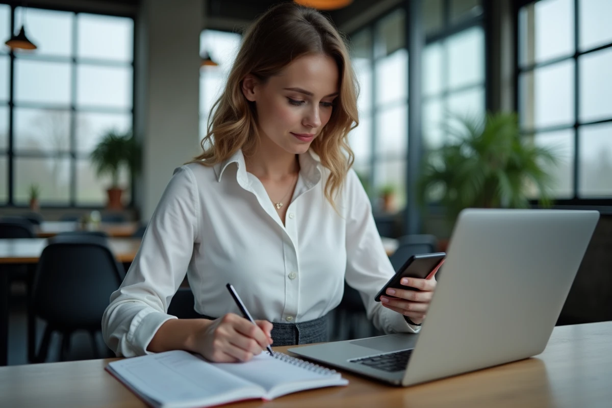 Jeune femme consultant le calendrier des jours fériés 2026 en Moselle sur ordinateur portable dans un espace de coworking