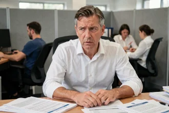 Employé de bureau stressé face à une contravention de 5e classe dans un environnement professionnel