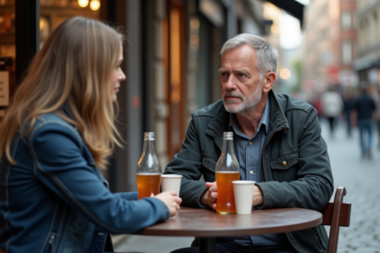 Homme d'âge moyen parlant avec une jeune femme en extérieur