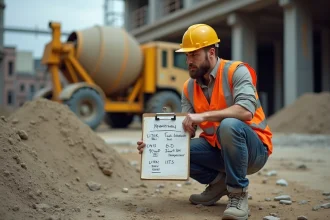 Chef de chantier convertissant des litres en mètres cubes sur un chantier de construction avec une bétonnière en arrière-plan