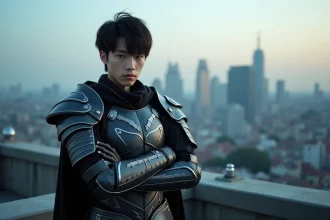Cosplayeur adulte en armure noire et argentée style anime sur un toit urbain au crépuscule, évoquant les théories sur Black Goku et Vegeta Black