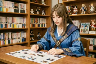 Jeune femme en cosplay de mage consultant une liste d'épisodes Fairy Tail imprimée sur un bureau en bois entouré de mangas